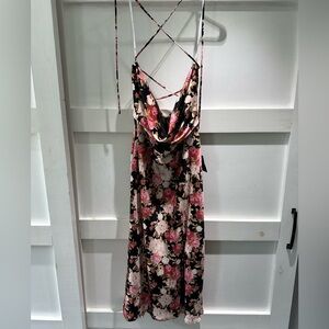 Moment of Chic Black Floral Print Satin Lace-Up Midi Dress
Lulus